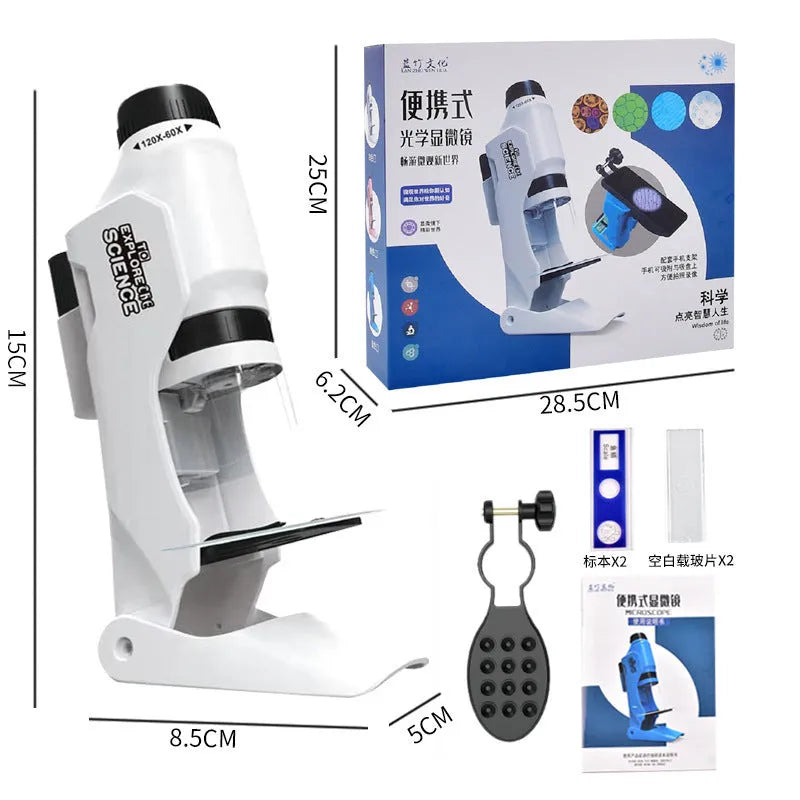 Children's portable optical handheld microscope toy 8.5x5x15cm in blue, pink or white with colour box
