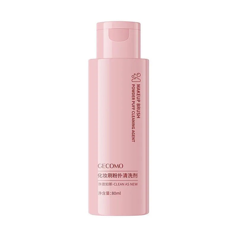 Makeup brush cleaner set showing 80ml detergent bottle and 75ml wash-free spray for beauty tools