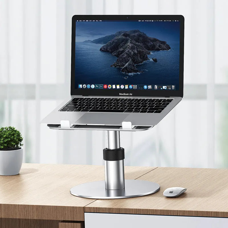 Silver aluminium car laptop stand with adjustable height and rotating pole on car back seat