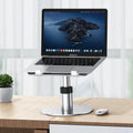 Silver aluminium car laptop stand with adjustable height and rotating pole on car back seat