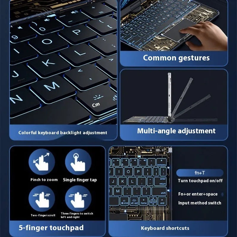 Transparent rotating keyboard case shown with an iPad in a standing position.