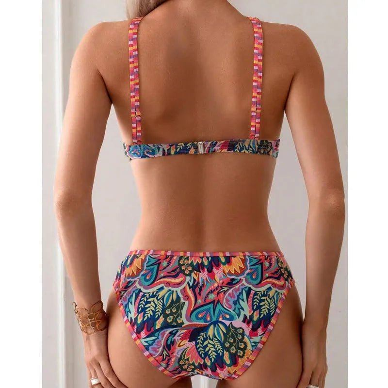 Women's printed halter swimsuit split bikini set in mixed colours with polyester fabric
