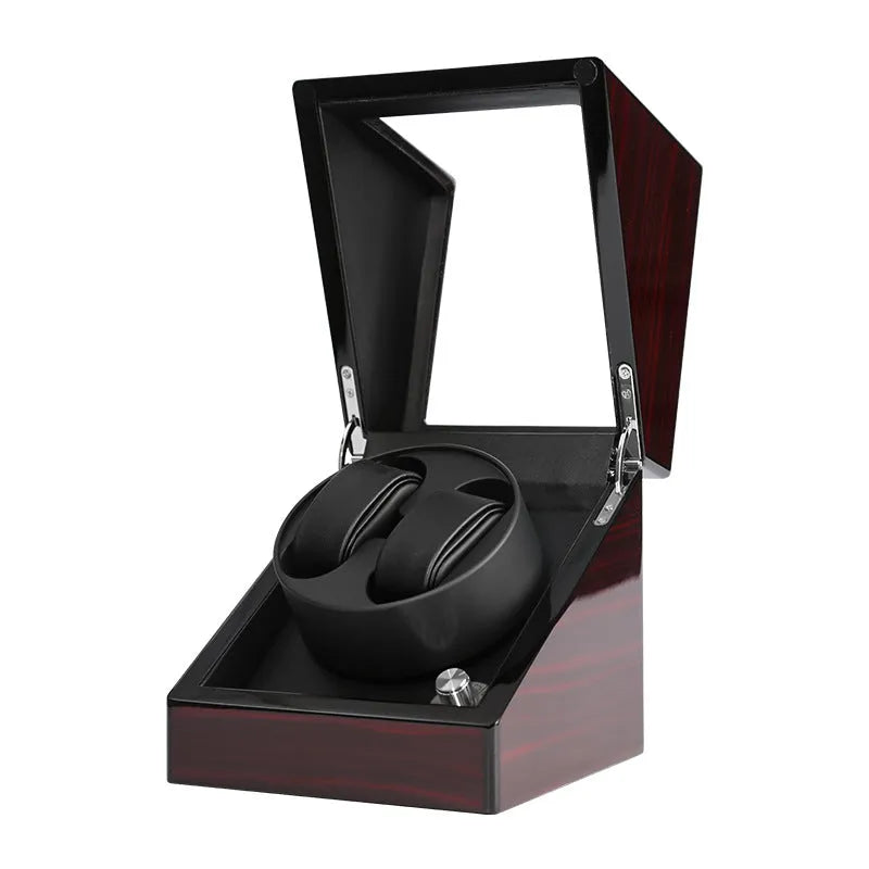Piano lacquered watch winder with transparent acrylic window, red and black finish, 16 x 16 x 17.5 cm