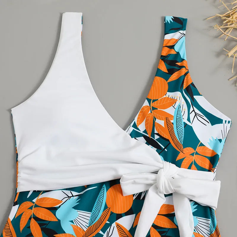 Women's high-waist one-piece swimsuit in printed pattern with quick-dry polyester fabric