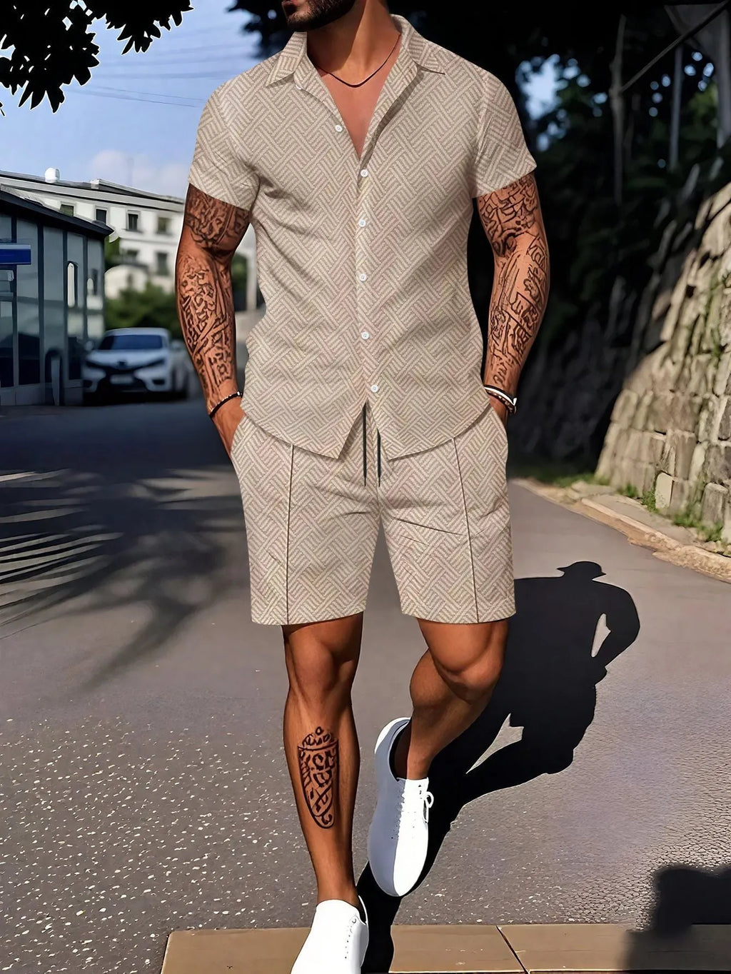 Men's digital printing short sleeve suit set with coordinating shorts in cotton blend fabric