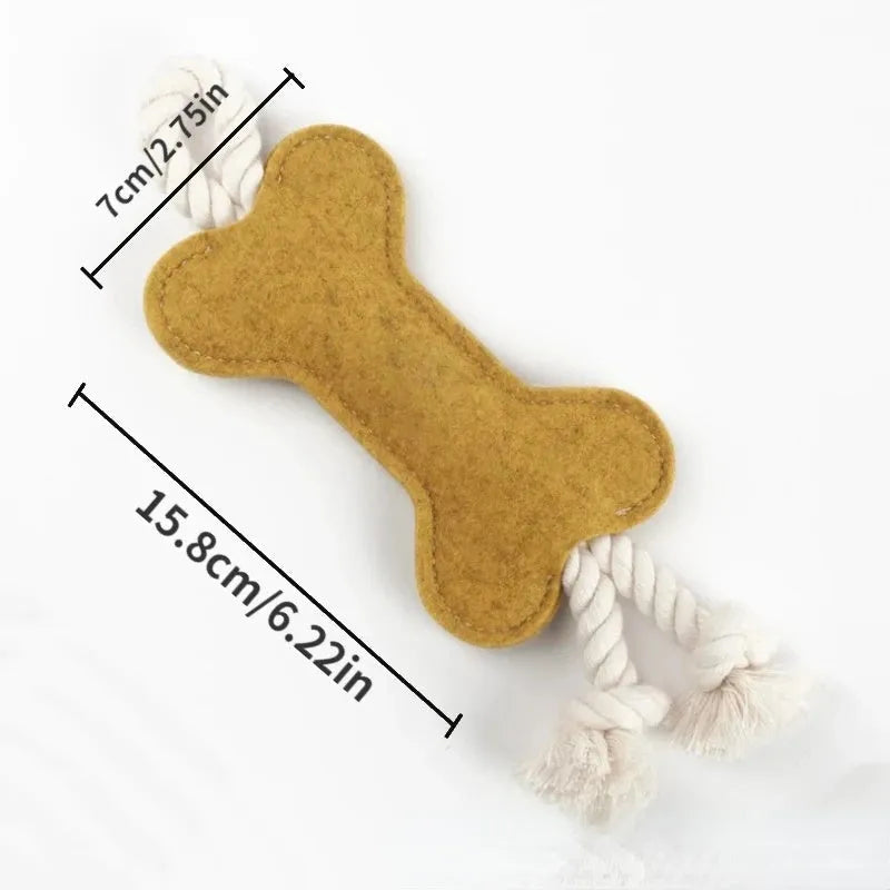 Bone-shaped dog toy with rope knots in felt construction, measuring 16cm by 7cm