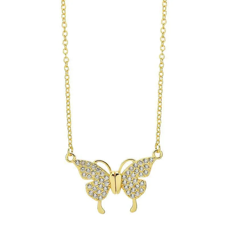 Gold magnetic snap butterfly necklace on twisted chain, adjustable 40-45cm length, titanium steel construction