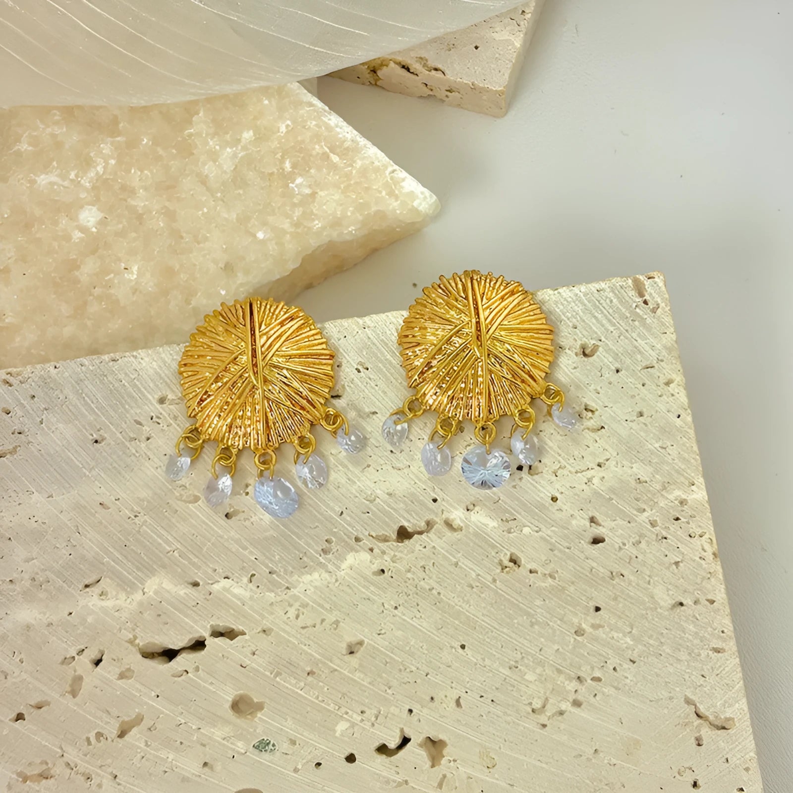 Gold geometric round earrings with electroplated metal construction for women
