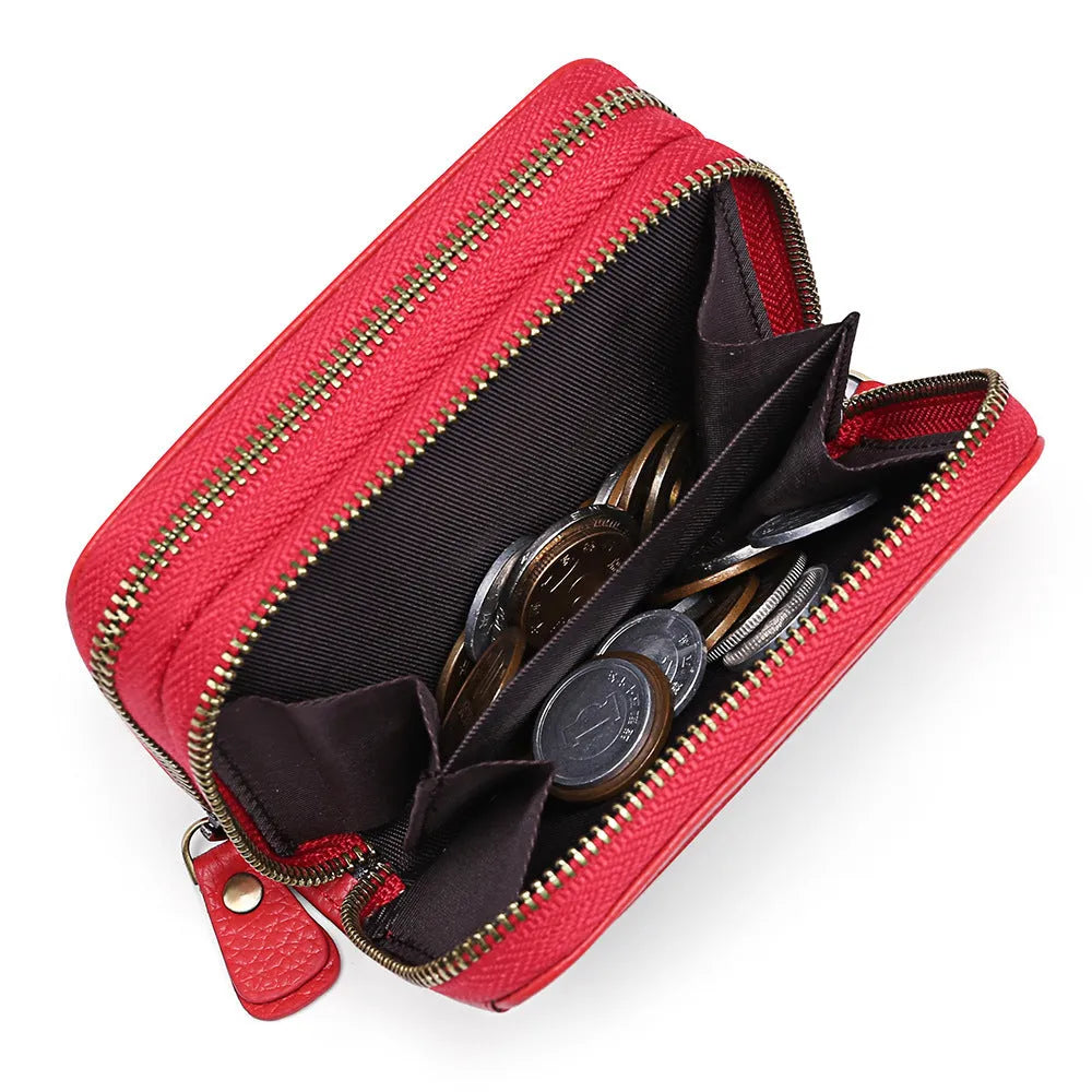 Genuine cowhide leather expanding card holder wallet with anti-theft card slots