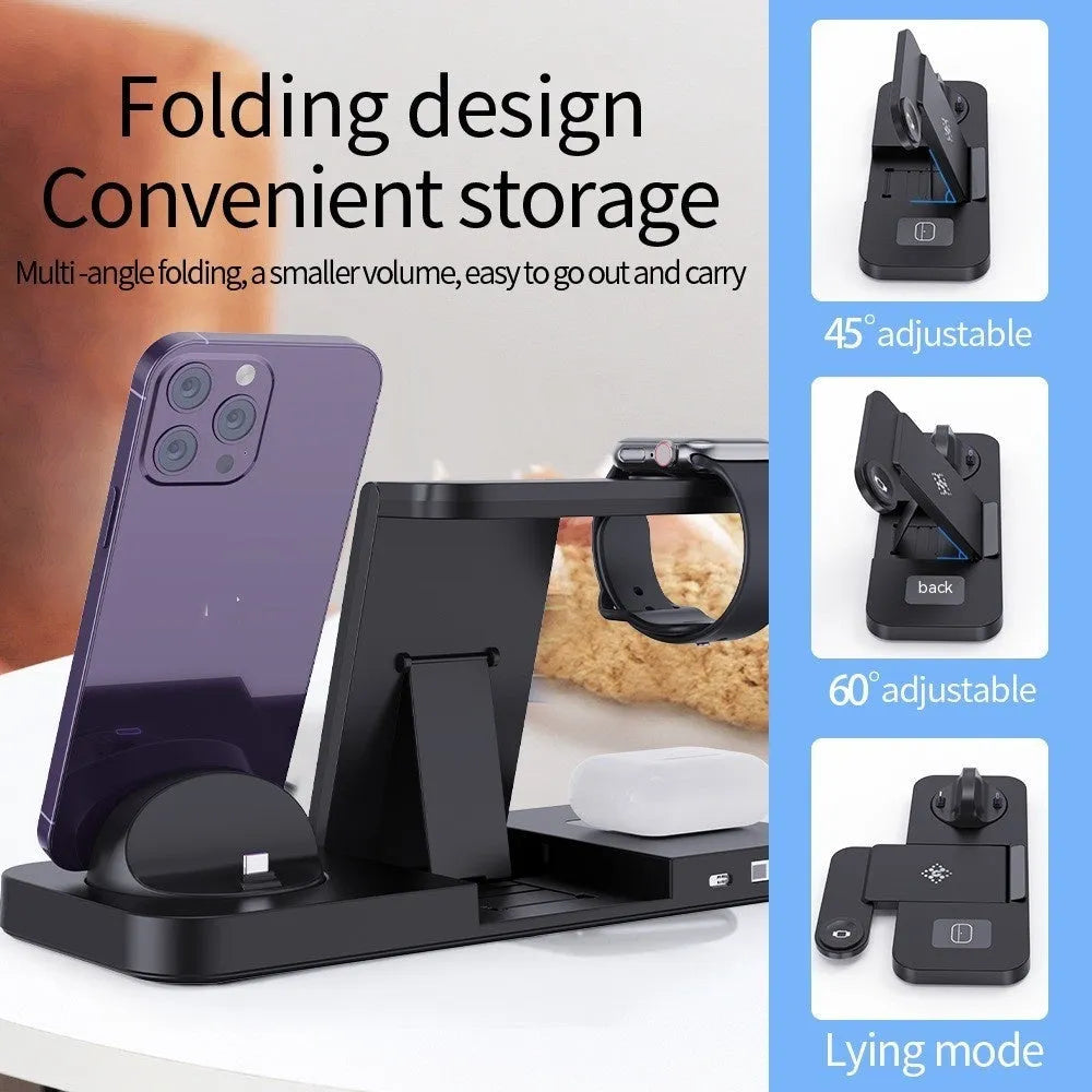 B-21 three-in-one wireless charging station for phone, watch, and headphones in black and white colour options.
