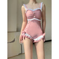 Women's solid pink one-piece sleeveless swimsuit made from milk silk fabric