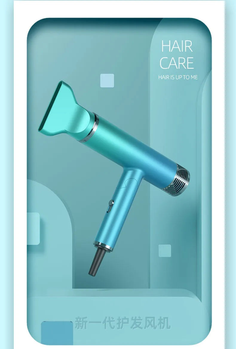 Green and purple foldable hair dryer with compact, lightweight design for travel.