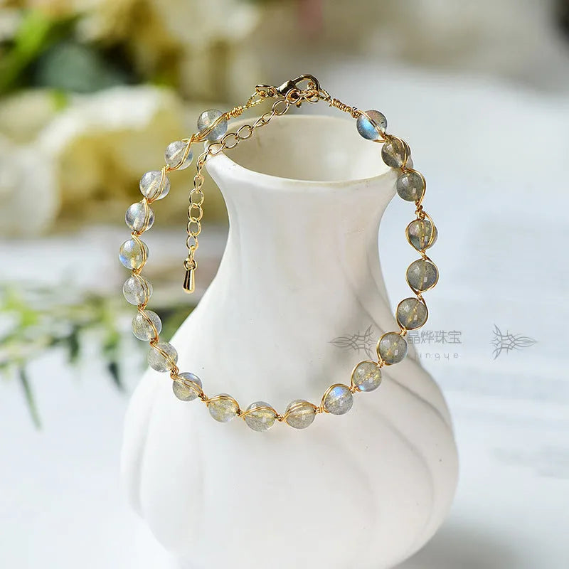 Women's 14K gilded bracelet with 6MM natural moonstone crystals in starry sky design