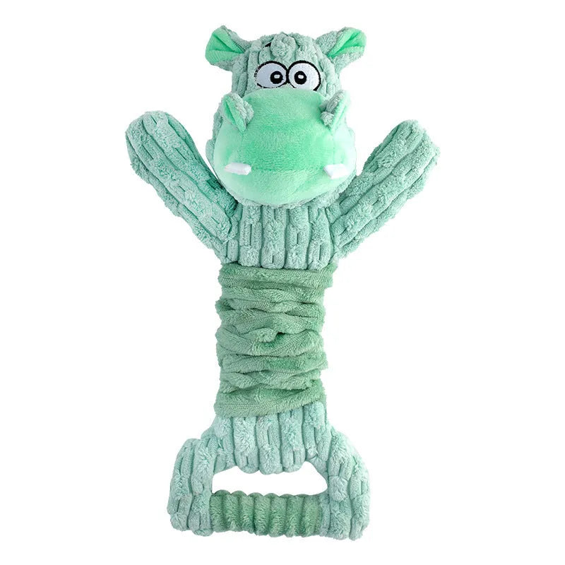 Large plush dog toy with squeaker and crinkle paper, measuring 32cm by 20cm by 10cm, for tug-of-war play