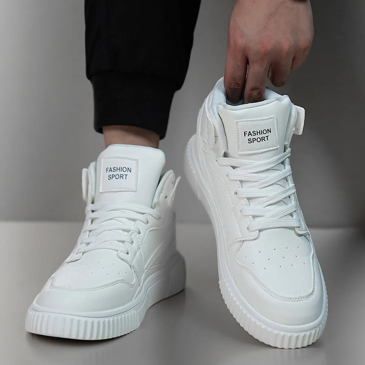 White men's casual shoes with round toe design and microfiber upper, shown from side view