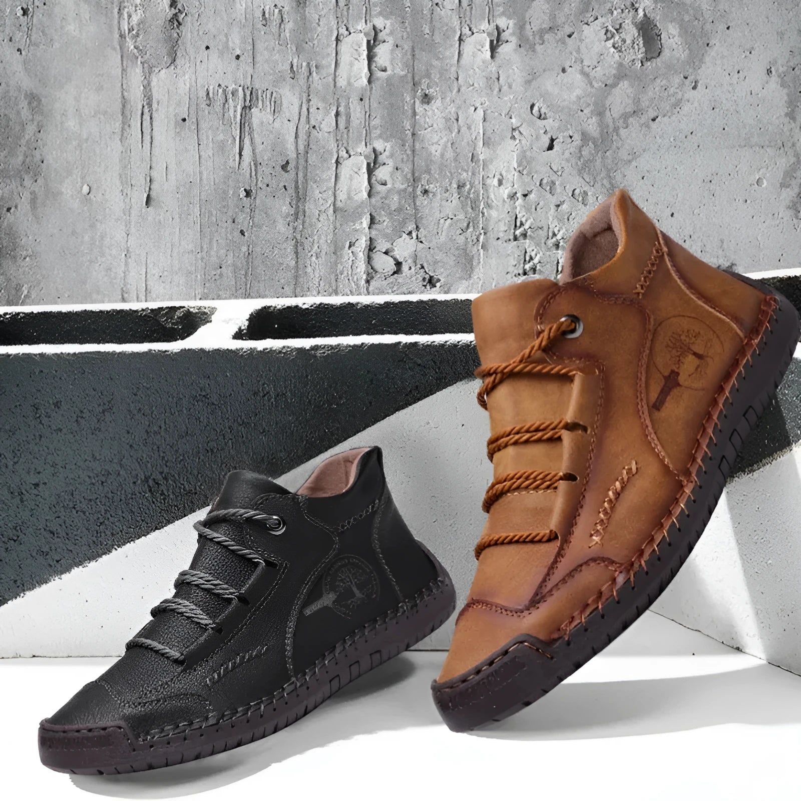 Men's leather mid-top work boots in various colours with lace-up front and rubber sole