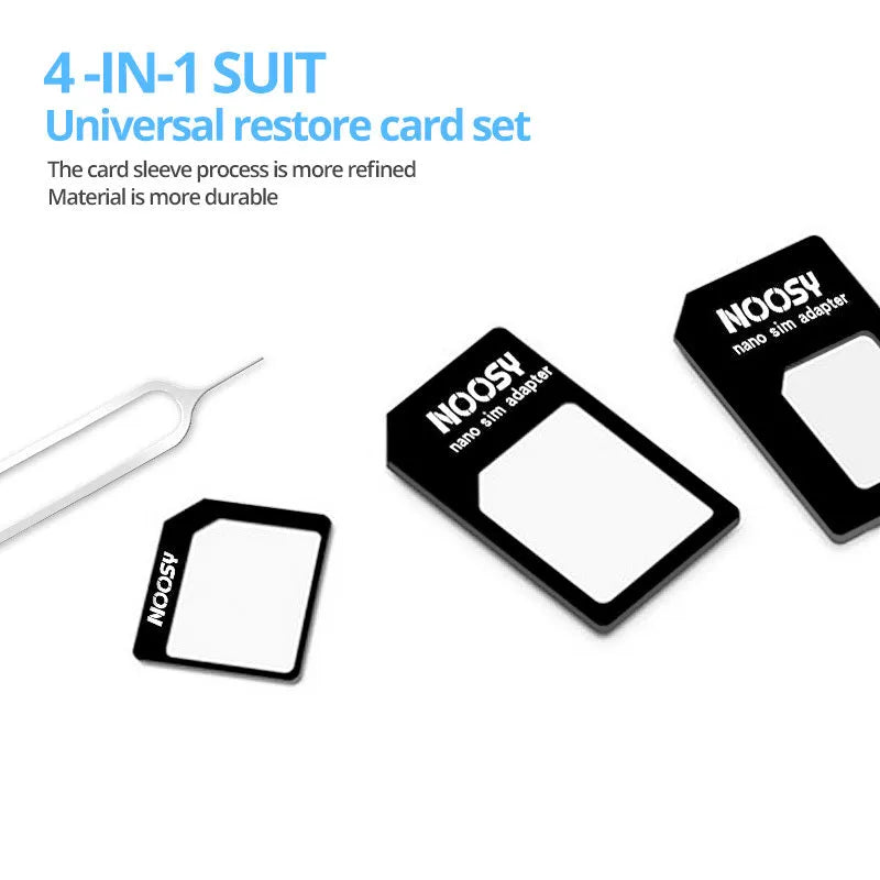 Four-in-one SIM card adapter kit with three plastic adapters and metal ejector pin on white background