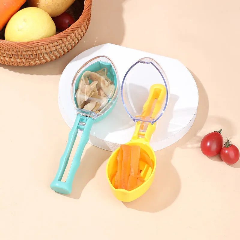 Yellow peeling knife with attached plastic storage lid for fruit and potato peelings