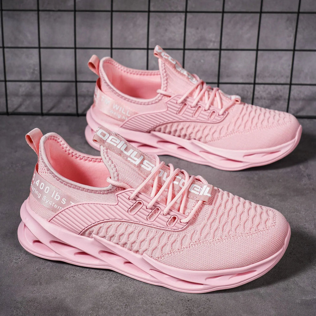 Women's FlyKnit casual sports shoes in breathable mesh, available in multiple colours with a flat heel and round toe.