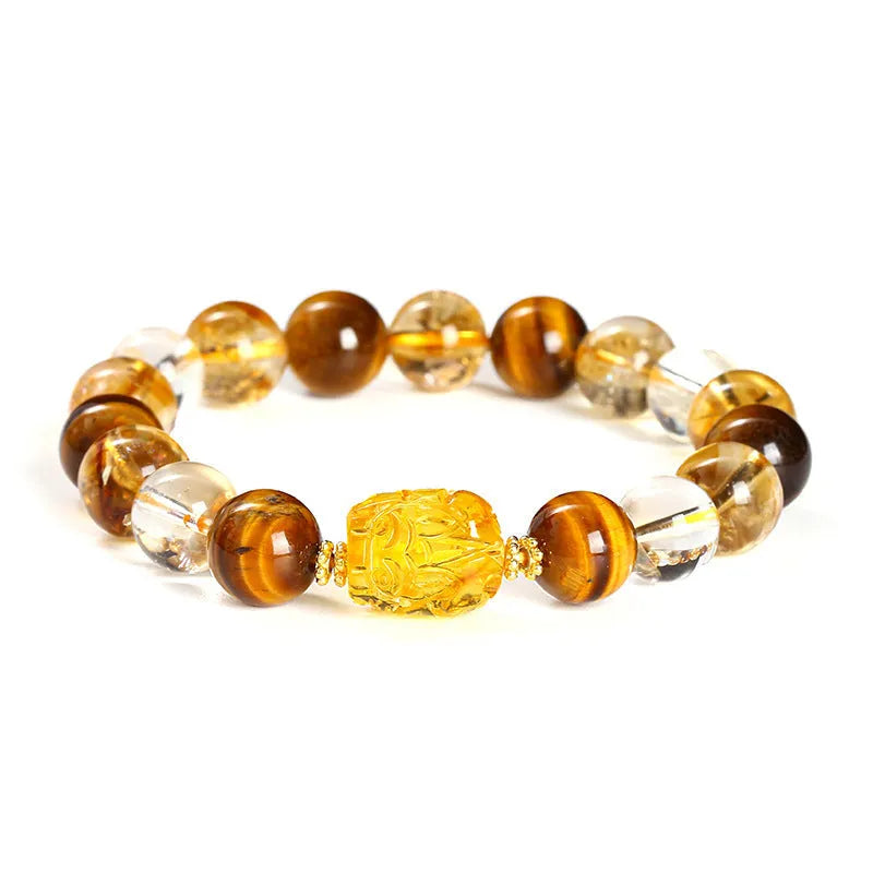 Yellow tiger's eye and citrine bracelet with 10mm round beads, pi xiu charm, and steel fittings