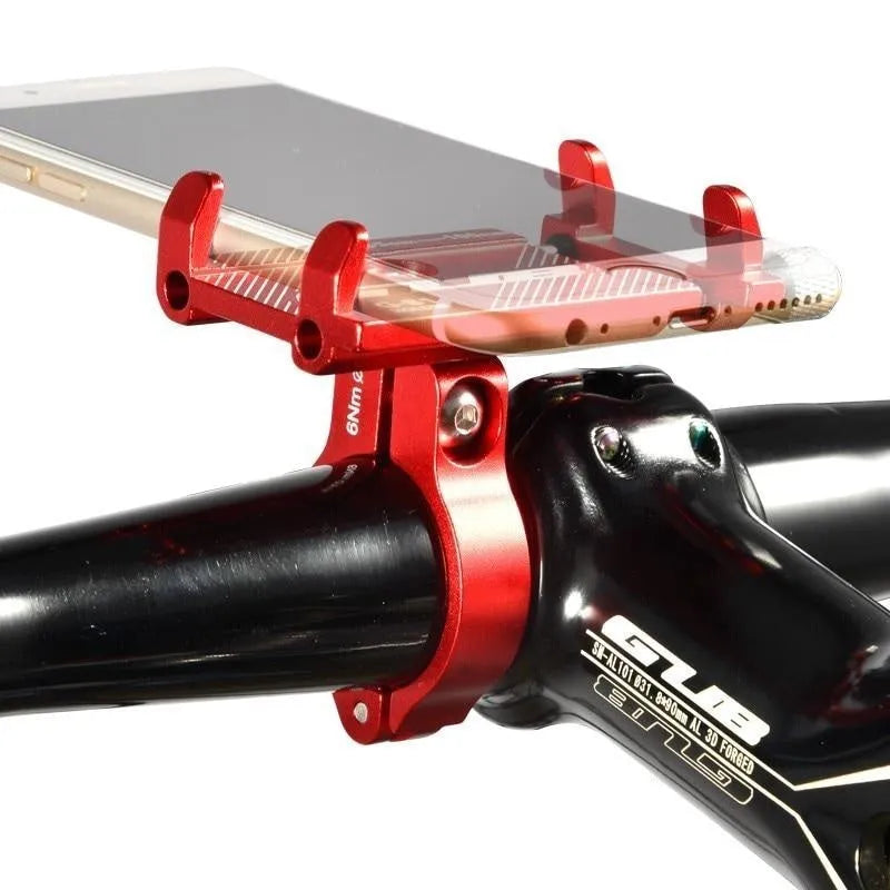 Black aluminium alloy GUB motorcycle phone holder mounted on bicycle handlebars, showing phone clamp.