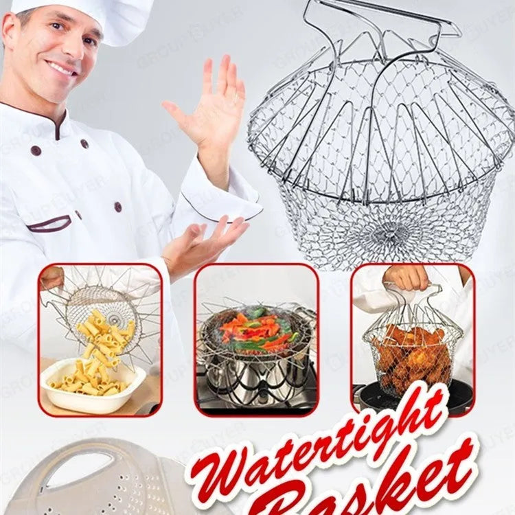 Stainless steel deep fry basket with foldable handle, showing water-permeable grid design for kitchen use