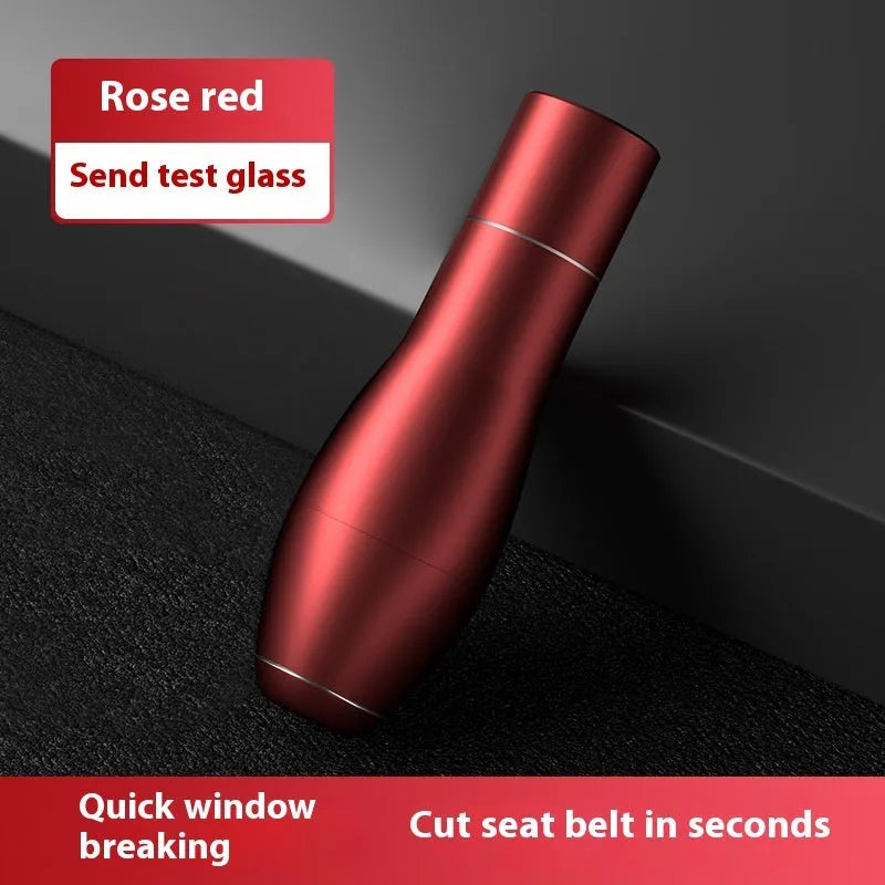 Aluminium alloy vehicle emergency window breaking machine with a tempered glass test panel.