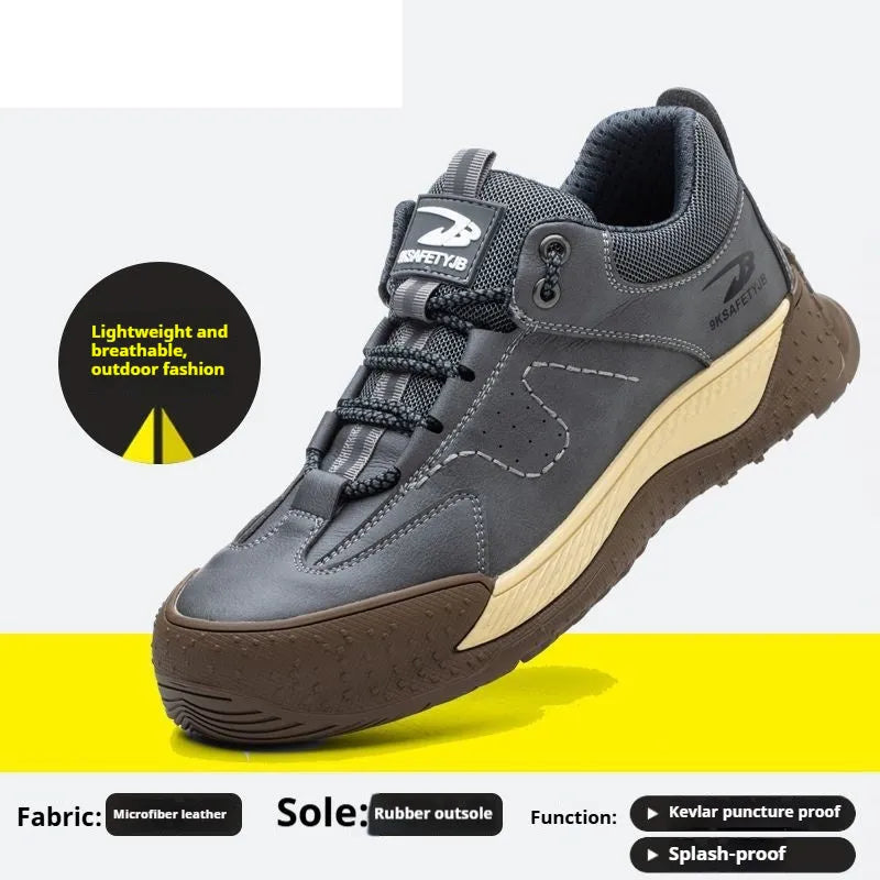 Leather work shoes with rubber soles in black, khaki, gray, and insulated brown colours, sizes 36-46