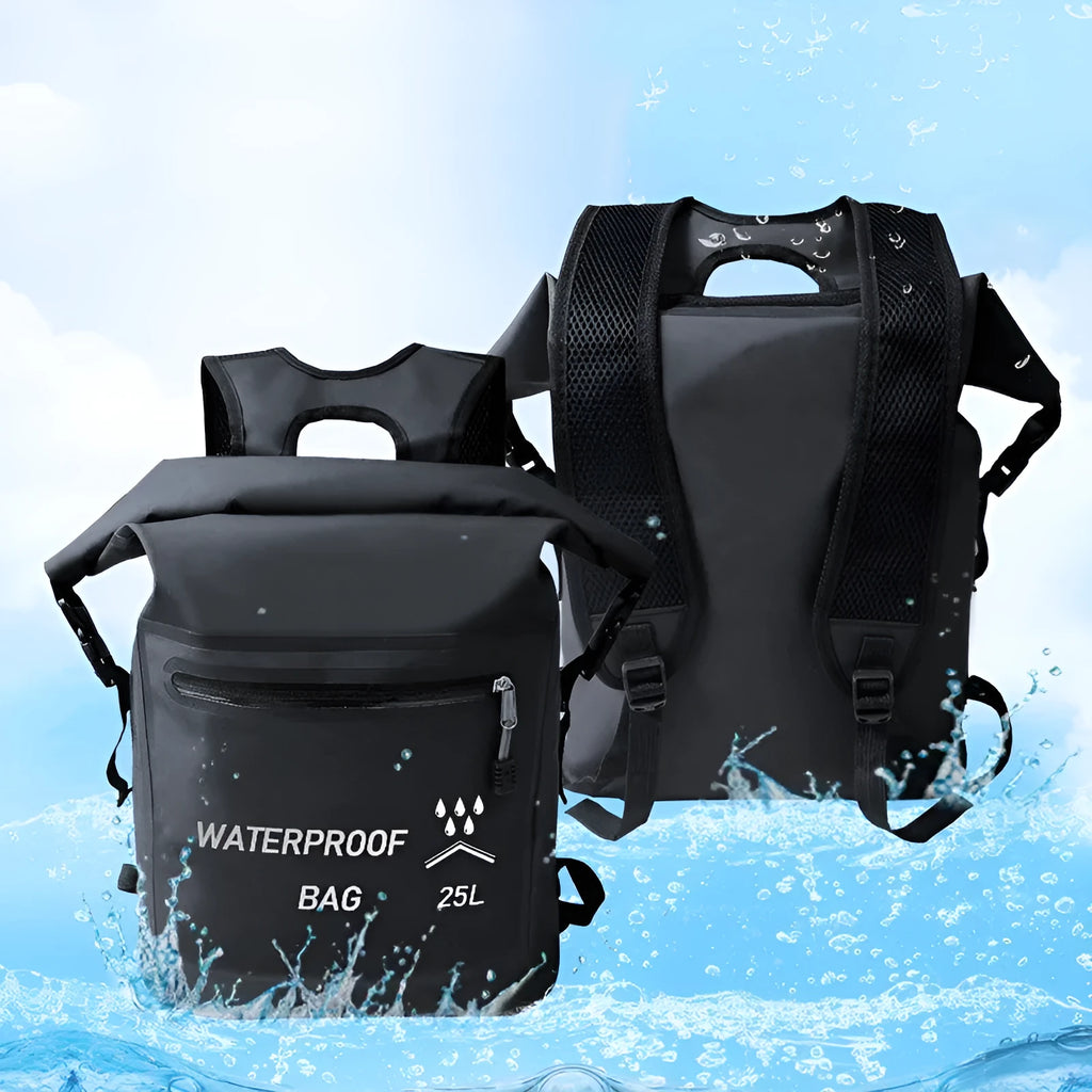 Black 25L waterproof outdoor backpack for swimming, river tracing and rafting activities
