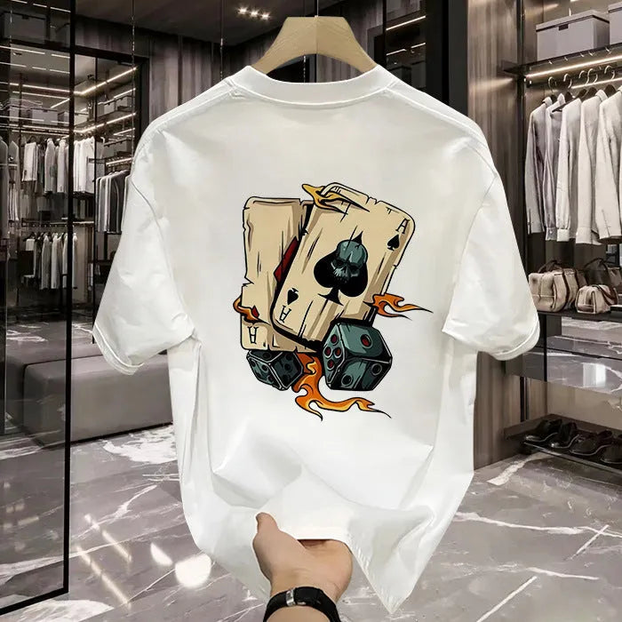 Men's black and white heavy cotton short-sleeved printed T-shirt on a hanger