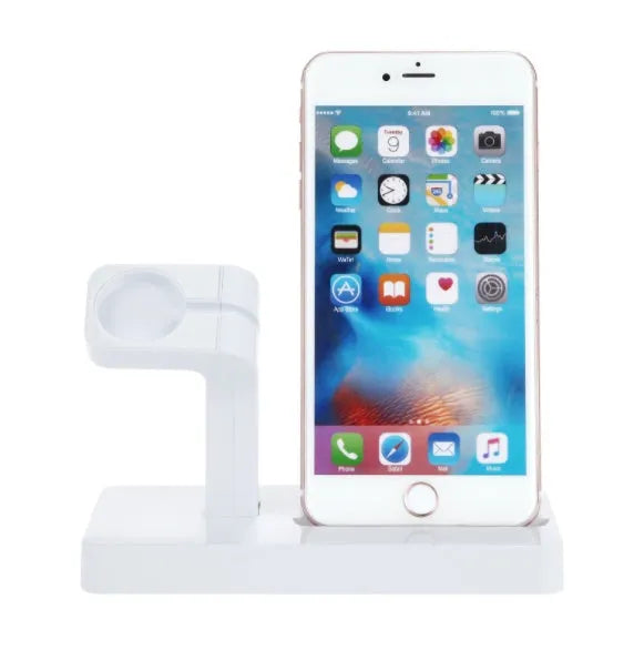 White 2-in-1 charging dock station for iPhone and Apple Watch on a desk