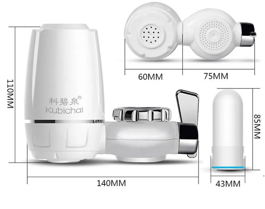 White faucet water purifier with ceramic filter and adapters for kitchen tap installation