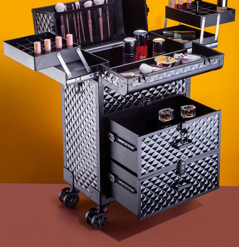 Water Cube Black rolling makeup storage box, aluminum wheeled beauty artist suitcase and barber toolbox, 70 x 46 x 31.5 cm