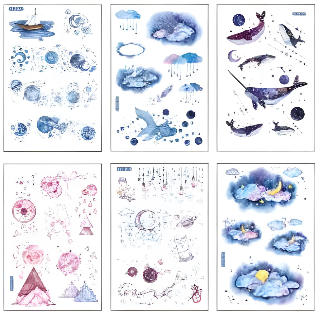Abu Sticker set with fantasy stars design on Japanese paper, showing 10.5 by 14.1 cm size.