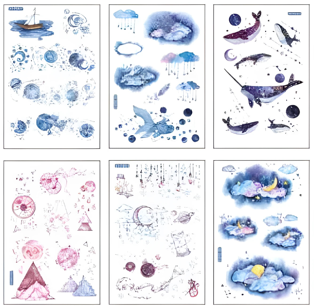 Abu Sticker set with fantasy stars design on Japanese paper, showing 10.5 by 14.1 cm size.