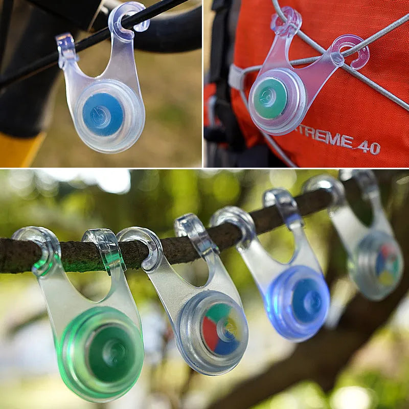 LED camping hanging light, 3.5 x 6cm, 29g, with CR2032 battery, shown in Blue, Green, Rainbow, or Red