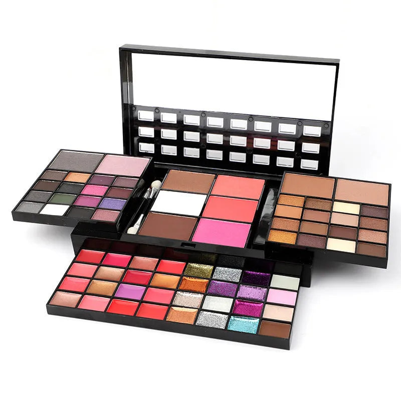 74-colour makeup set with 4-layer compact, eyeshadows, lip glosses, and brushes on display