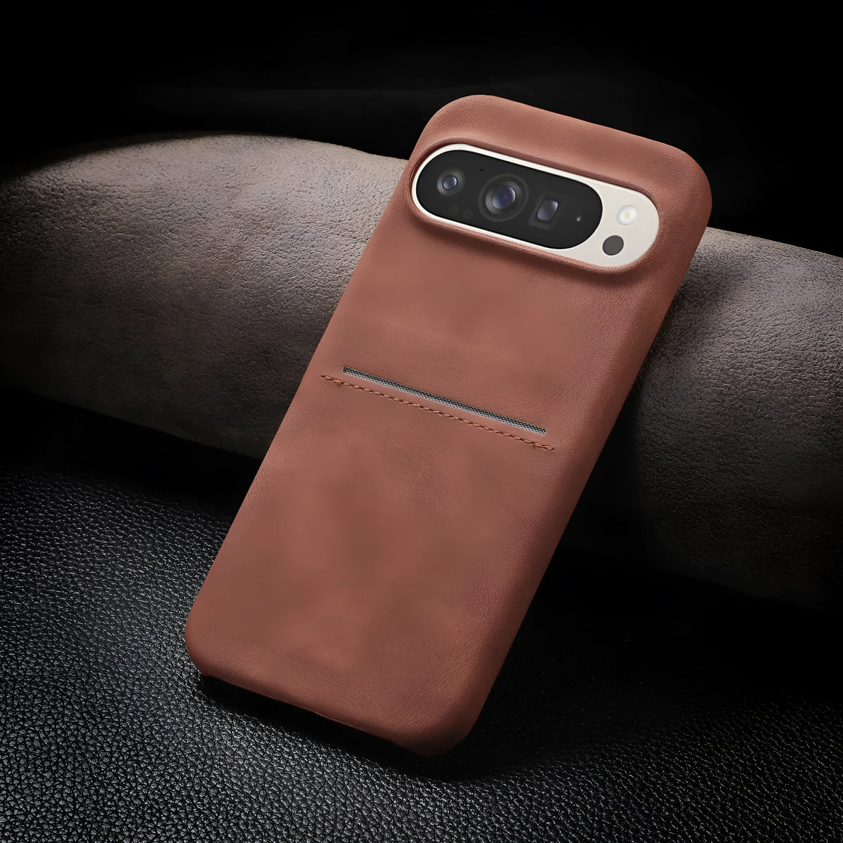 Google Pixel phone case in vintage sheepskin with hard PC shell, frosted finish and card-insertion slot