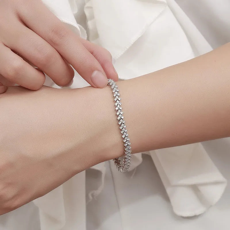Silver plaid bracelet for women with high carbon diamond or moissanite, sizes 14cm to 23cm