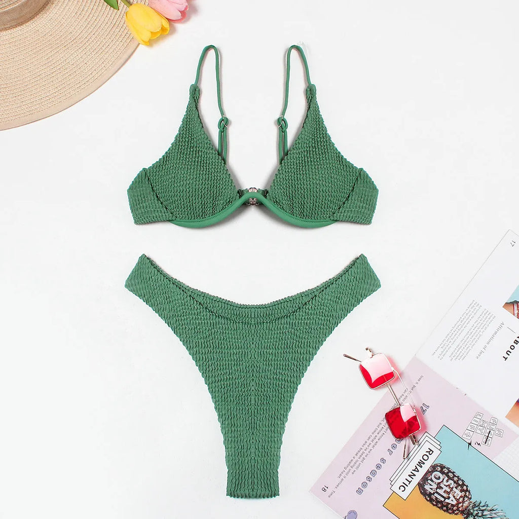 Green solid colour women's bikini with ruffle detail on top and briefs bottoms