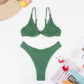 Green solid colour women's bikini with ruffle detail on top and briefs bottoms
