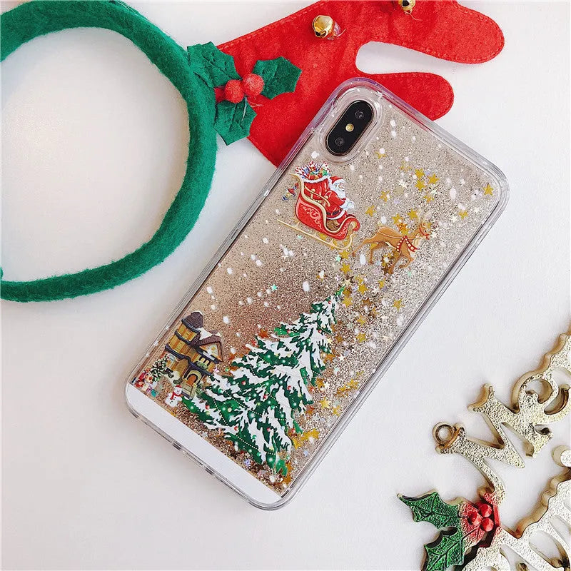 Transparent Christmas quicksand iPhone case with Santa Claus snowflake design on iPhone