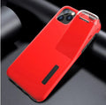 Black phone case with a slot on the back holding a white AirPods charging case