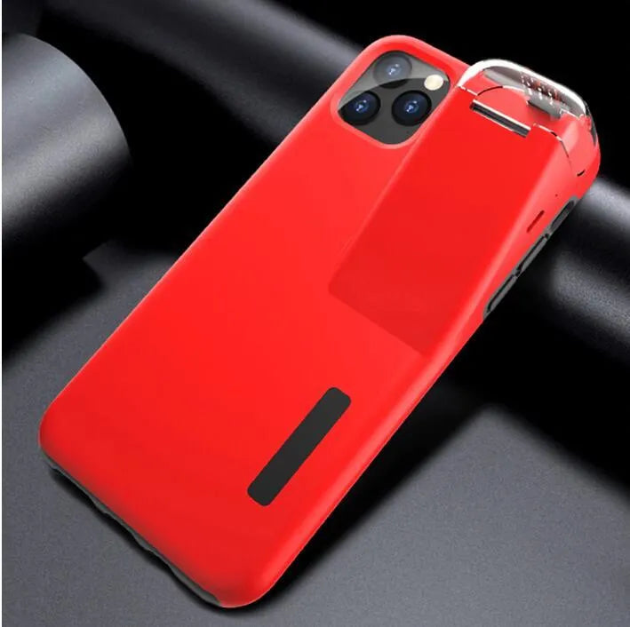 Black phone case with a slot on the back holding a white AirPods charging case