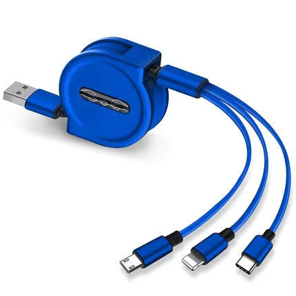 3-in-1 telescopic charging cable with TPE-coated 120cm wire and titanium alloy connectors in multiple colour options