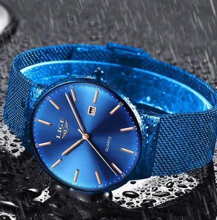 Men's stainless steel watch with 40mm case, available in black, blue, and black-blue colour options