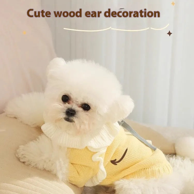 Yellow acrylic dog sweater on a small puppy, showing a casual knitted design.