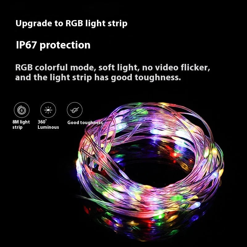 8 metre rechargeable outdoor tent string lights with 30 LED beads in warm white or multicolour modes