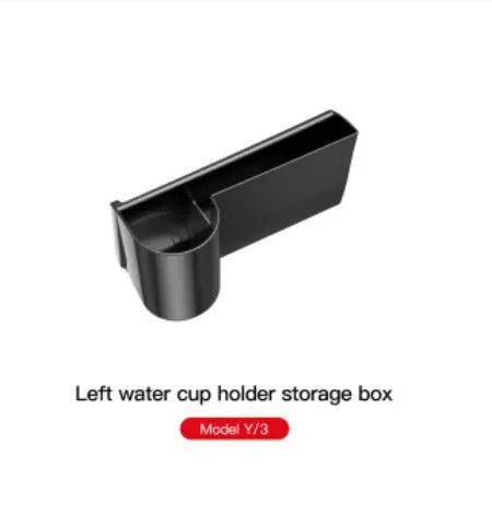 A plastic water cup holder designed for the dashboard of a left-hand drive Tesla Model 3 or Model Y.
