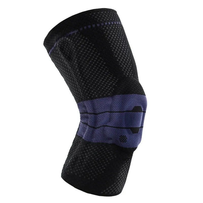 Black and blue knee pads with adjustable sizing for sports protection, made from nylon and spandex materials